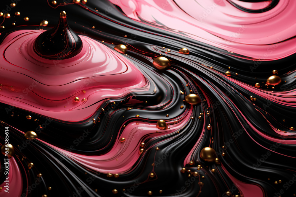 Poster abstract waves of pink and black with golden droplets, creating a fluid, luxurious, and dynamic visu