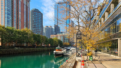 a beautiful autumn landscape along the Ogden Slip waterway with boats docked on the green water, autumn colored trees and skyscrapers in the skyline in Chicago Illinois USA