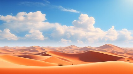Fototapeta na wymiar A vast desert landscape with undulating sand dunes stretching to the horizon under a cloudless sky with intense sunlight.