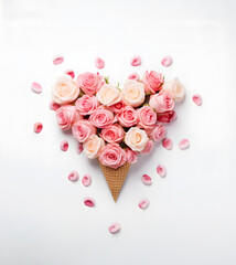 Ice cream cone full of roses in heart shape on white background. Valentine' day or romance concept. 