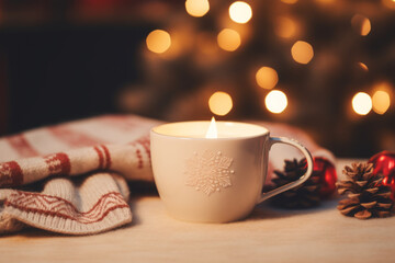A cozy winter scene with a lit candle in a snowflake-adorned mug, surrounded by a plaid scarf, pine cones, and warm lights.