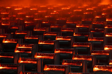 Decline or market crash concept. crypto farm on fire. Neural network AI generated art - obrazy, fototapety, plakaty