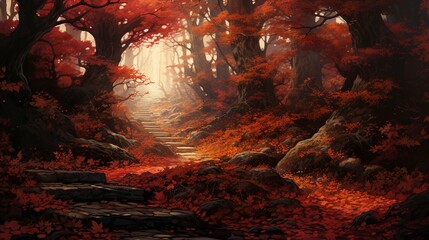 A vibrant autumn forest with leaves in various shades of red and gold, creating a carpet beneath a canopy of trees.