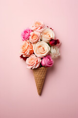 Ice cream cone full of roses on pastel pink background. Valentine' day spirit concept. 