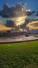 a beautiful autumn landscape at Grant Park with Buckingham Fountain, autumn trees and skyscrapers,...