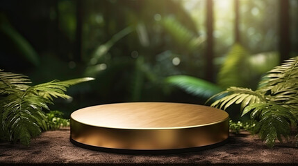 Gold podium in tropical forest for product presentation and green background