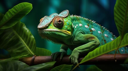 A vibrant green chameleon blending perfectly with the leaves of a tropical plant. - obrazy, fototapety, plakaty