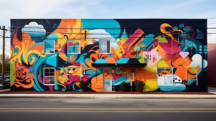 A vibrant street art mural adorning an urban wall, telling a visual story with bold colors, shapes, and cultural references.