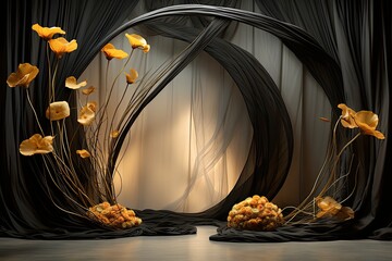 Maternity backdrop, wedding backdrop, photography background, maternity props, Light hoop weaved giant goldenrod poppies, elegant wall background, flowing satin drape, backdrop, giant flowers