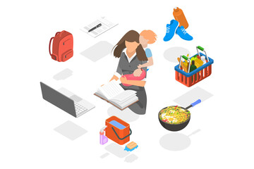 3D Isometric Flat  Illustration of Super Mom, Mother with Baby, Working, Coocking, Cleaning and Make a Shopping
