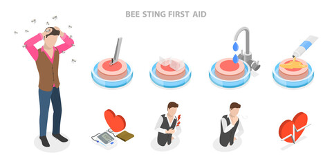 3D Isometric Flat  Illustration of Bee Sting First Aid, Anaphylactic Warning Signs