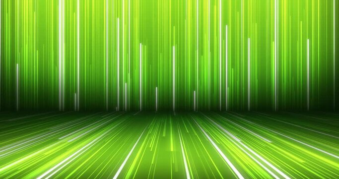 Green background green white neon bright lines coming from two direction and meeting at center creating a horizon. Stream of bright glowing stripes moving from up side down and front to back.