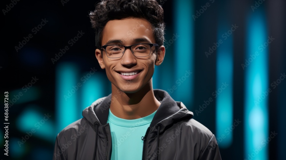 Wall mural A young man with glasses and a jacket smiling, radiating warmth and friendliness.