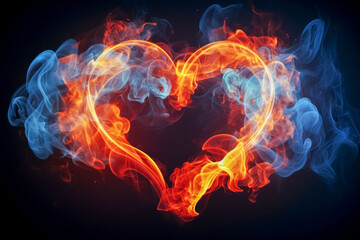 Fototapeta premium Abstract image of blue and orange smoke intertwining to form a heart shape on a dark background, symbolizing fiery passion and cool affection.