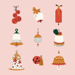Christmas bells set vector. New year flat cartoon decoration bows. Holiday golden metal and ceramic campane collection. Winter elements illustration