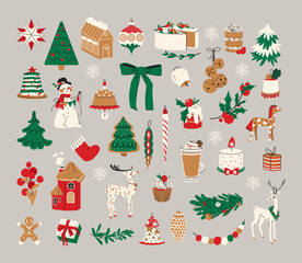 Big Christmas set of festive symbols and design elements. Cute flat illustration in hand drawn style isolated on gray background