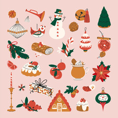 Merry Christmas and Happy New year element set. Christmas tree, toys, candle, gifts, sweets, poinsettia, coffee, gingerbread house in trendy flat cartoon style. Sticker pack of holiday items.