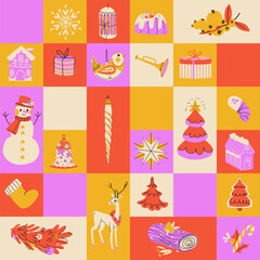 Fototapeta na wymiar Christmas tile grid seamless pattern with snowman, fir tree, deer, sweets, and toys. Applicable to greeting card, poster, flyer, web banner
