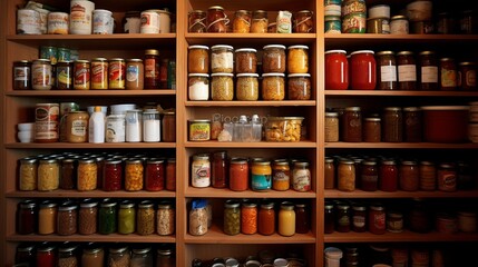 A well-organized pantry with labeled shelves of canned goods.