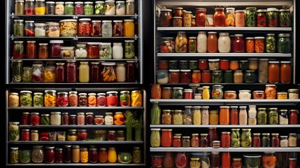A well-organized refrigerator door filled with jars of condiments. - obrazy, fototapety, plakaty