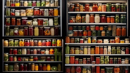 Photo sur Plexiglas Vielles portes A well-organized refrigerator door filled with jars of condiments.