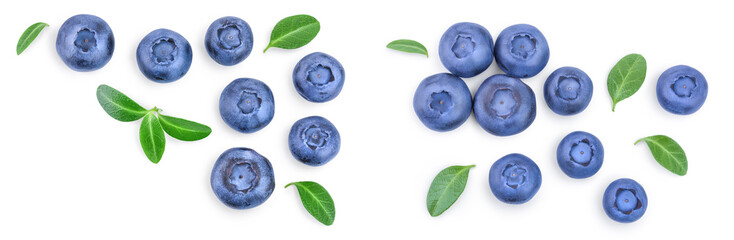fresh ripe blueberry with leaf isolated on white background with copy space for your text. Top...