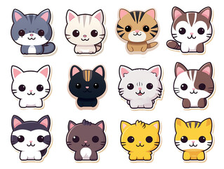 Obraz premium Collection of 12 kawaii stickers featuring kitten of different cat breeds