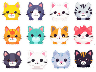 Collection of 12 kawaii stickers featuring cats 