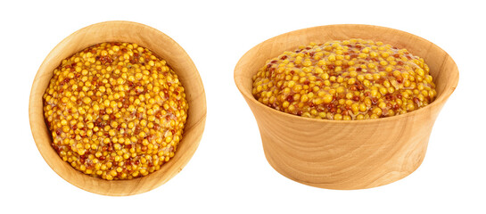 french mustard in wooden bowl isolated on white background with full depth of field. Top view. Flat lay.
