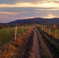 Fototapeta na wymiar Autumn Carpathian Mountains and dirty countryside path, Ukraine.