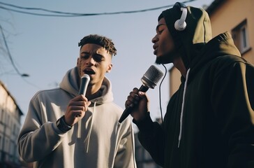 Black rapper boys with caps and baggy clothes singing in the street with a microphone. Generative AI