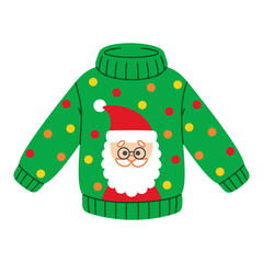 Christmas ugly sweater with Santa Claus. New Year funny jumper in cartoon flat style. Isolated festive winter clothes vector illustration on a white background. Perfect for holiday design.