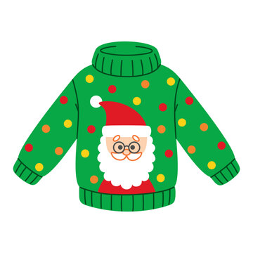 Christmas ugly sweater with Santa Claus. New Year funny jumper in cartoon flat style. Isolated festive winter clothes vector illustration on a white background. Perfect for holiday design.