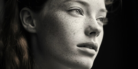 Black and white profile portrait of a teenager with freckles, natural light, gentle expression