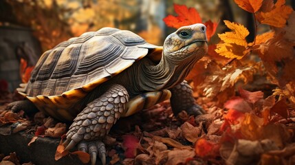 A wise old tortoise surrounded by vibrant autumn foliage.