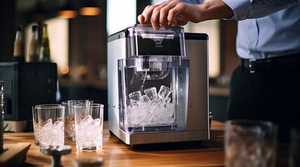 An automatic ice maker dispensing perfectly shaped ice cubes into a glass, ready for a refreshing drink. - obrazy, fototapety, plakaty