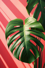 Fototapeta na wymiar Beautiful monstera plant leaf and interior design setting, on a pink / magenta background, with red / pink theme colours