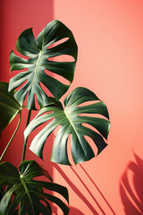 Fototapeta na wymiar Beautiful monstera plant leaf and interior design setting, on a pink / magenta background, with red / pink theme colours