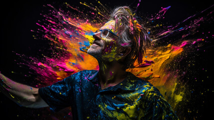 artist portrait with splashes of neon acrylic paint