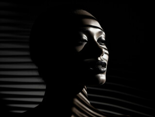 Abstract black and white portrait, sharp angular features, contrast between light and shadow