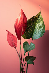 Beautiful monstera plant leaf and interior design setting, on a pink / magenta background, with red / pink theme colours