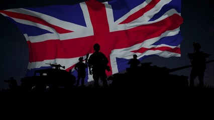 Silhouette of a Group of Soldiers and the United Kingdom Flag Waving in the Background. The video...