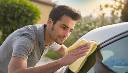 uomo che lucida auto pulire macchina 
