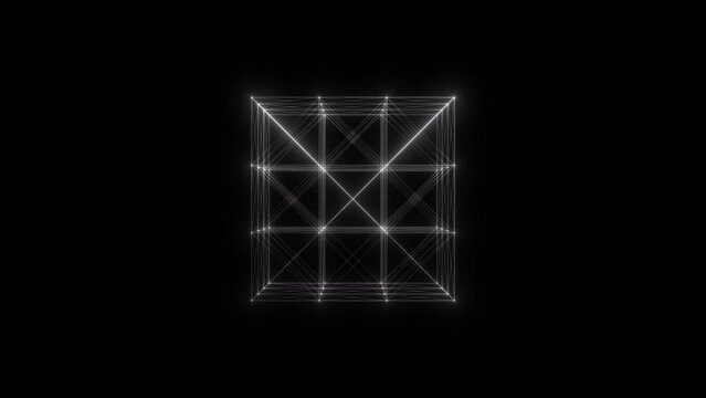 Rotating glowing cube HUD FUI element. Plexus style connecting lines and dots. Seamless loop