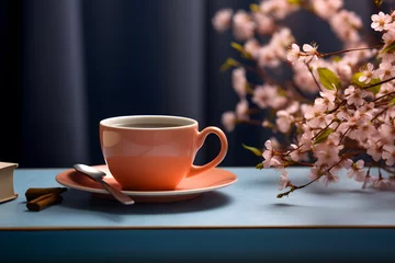 Foto op Aluminium Teegenuss in Neutral - Eine Tasse Tee in entspannter Atmosphäre auf neutralem Hintergrund © Seegraphie