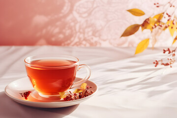 Fototapeta premium Teegenuss in Neutral - Eine Tasse Tee in entspannter Atmosphäre auf neutralem Hintergrund