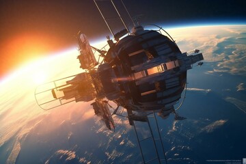 Futuristic space station in flight against earth and rising sun. Generative AI - obrazy, fototapety, plakaty