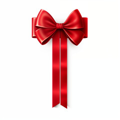 A large red ribbon bow on the left of a long straight piece of ribbon 