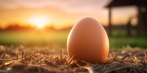 Close up of a fresh egg . Farm background at sunrise. - Powered by Adobe