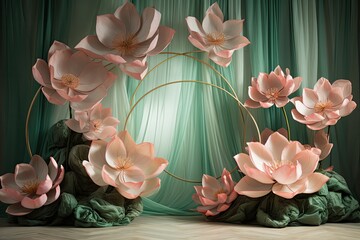 Maternity backdrop, wedding backdrop, photography background, maternity props, Light hoop weaved giant pink lotus, elegant wall background, flowing satin drape, backdrop, giant flowers, green fabric
